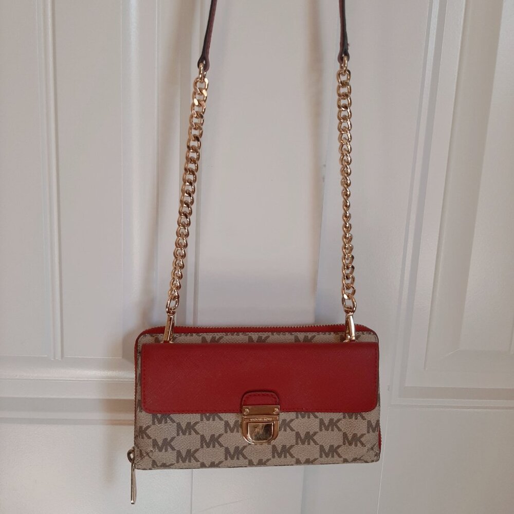 Michael Kors Bridgette Red & Tan MK Logo Print Wallet on Crossbody Strap - Picture 2 of 14